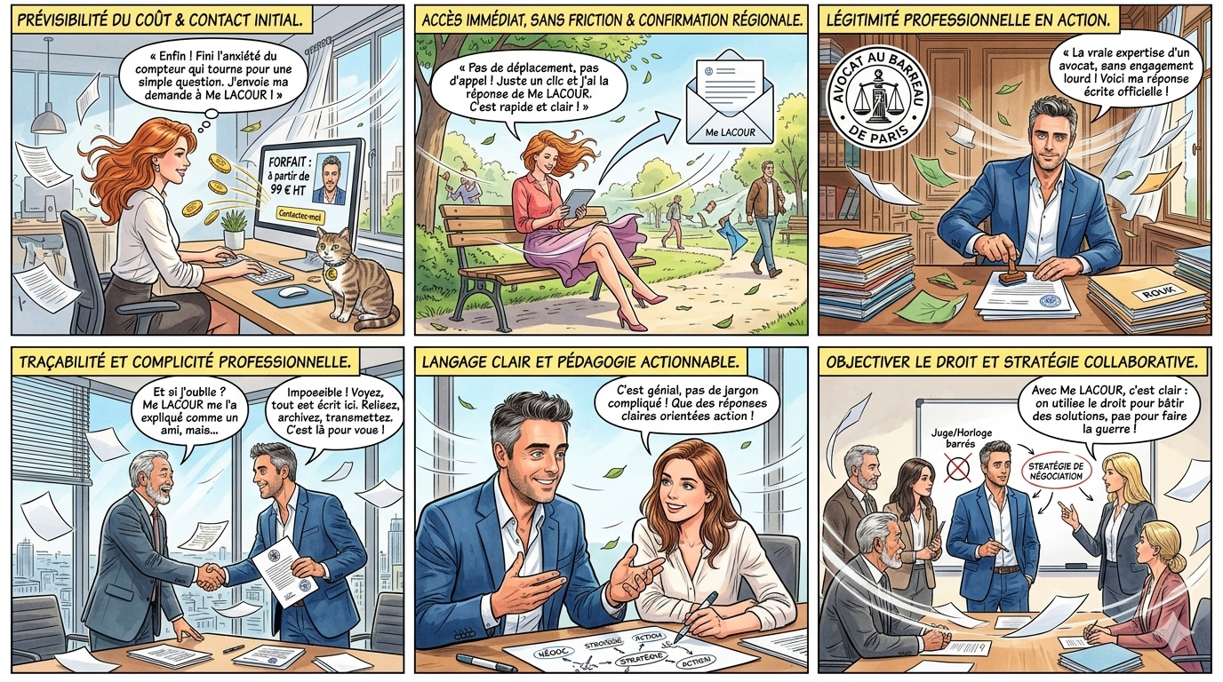 Illustration des int&eacute;r&ecirc;ts du service pour les entrepreneurs et les entreprises : accessibilit&eacute;, pr&eacute;visibilit&eacute; des honoraires, acc&egrave;s imm&eacute;diat, l&eacute;gitimit&eacute; professionnelle, tra&ccedil;abilit&eacute;, langage clair et objectivation du droit.